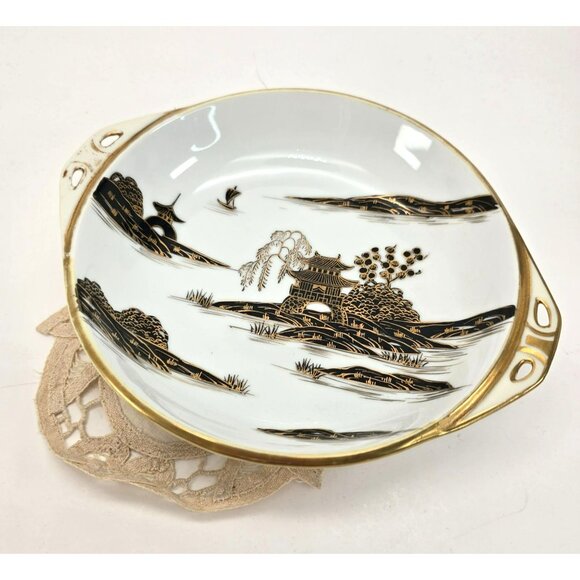 Nippon Japanese Porcelain Serving Bowl With Gold & Black Landscape & Doilie je17 - Picture 3 of 9